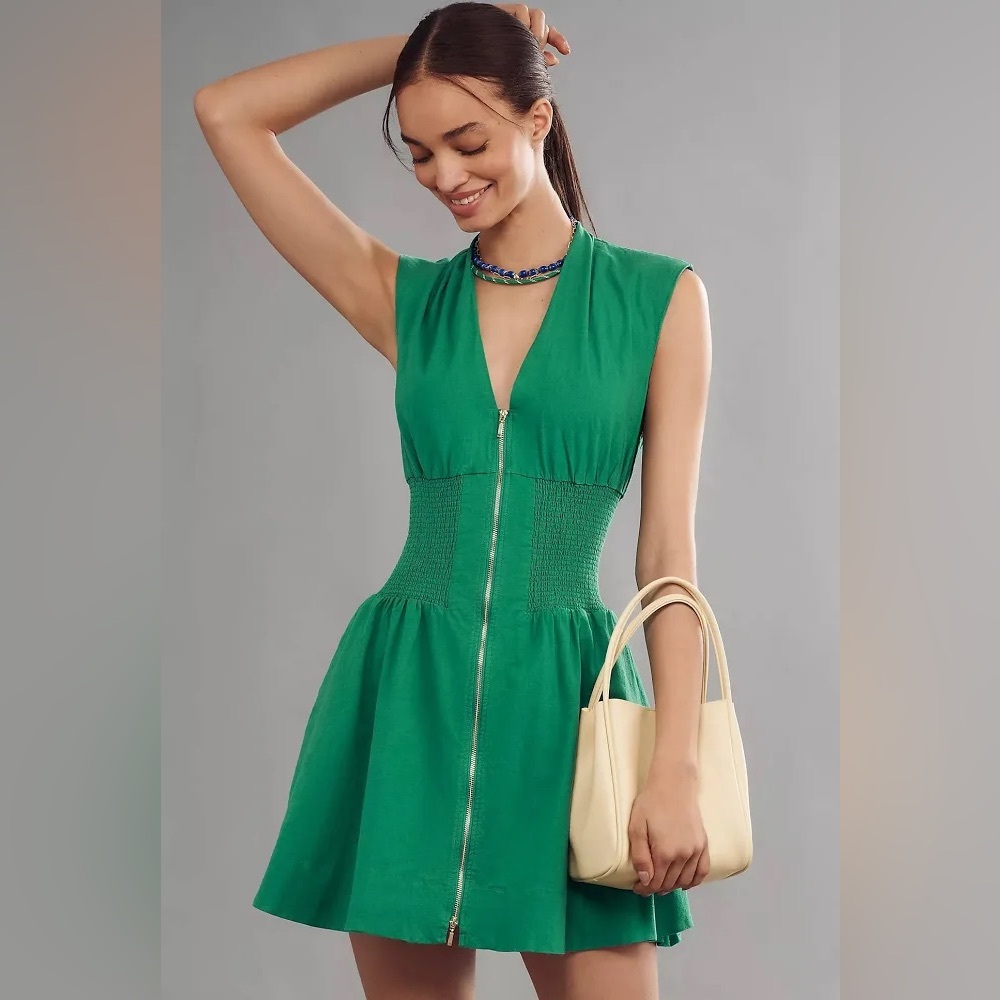 The Tommie Cap-Sleeve Linen Smocked Front-Zip Mini Shirt Dress